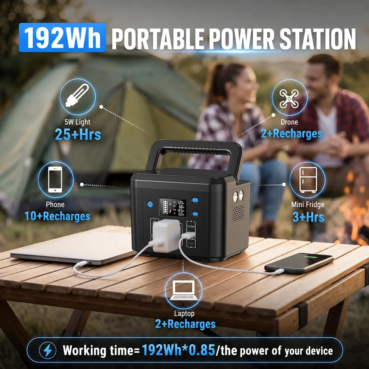 200W Portable Power Station, 192Wh LiFePO4 Solar Generator for Camping | Powkey Battery Powered Power Bank with 120V AC Outlet view 4
