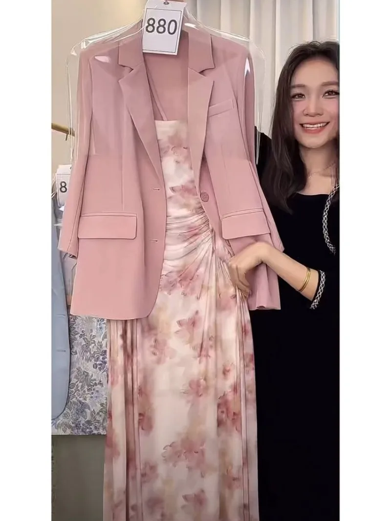 Giacca da abito temperamento francese abito con cinturino con stampa floreale Set da due pezzi Lady Shirring risvolto monopetto dolce delicato