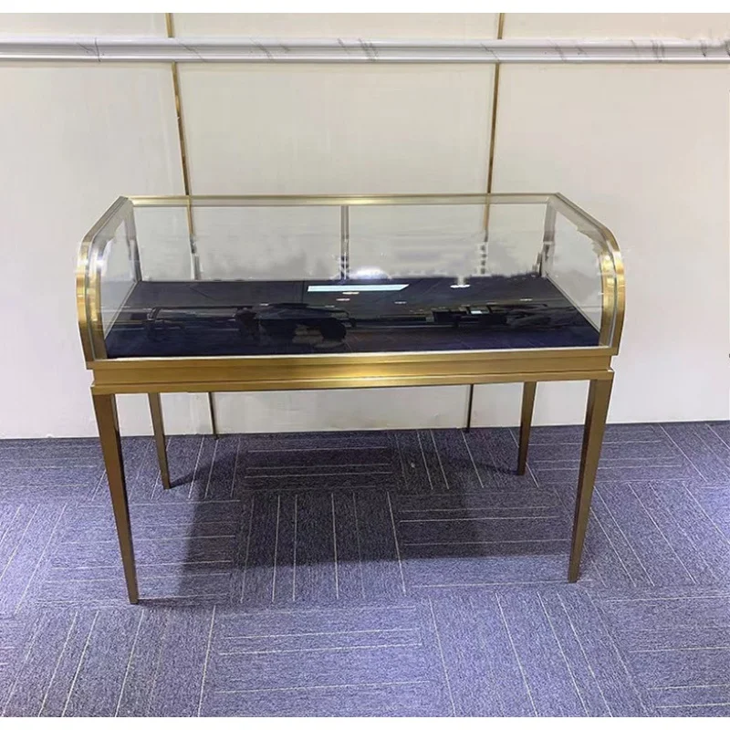 custom，Luxury Curved Display Cabinet Table Jewelry Glass Counter LED Show for Jewelry Shop