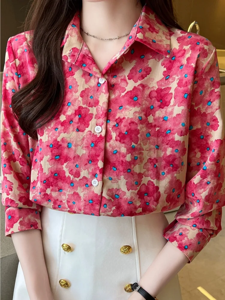 #3183 Blue Pink Vintage Long Sleeve Shirt Women Full Floral Printed Long Sleeve Shirt Femme Loose Thin Chiffon Blouse Femme