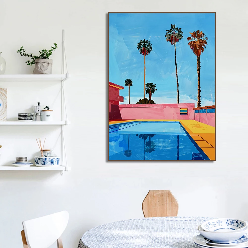 Pop Art Sea Landscape  Pool Pink Summer Swimming Tropical Palm Trees Architecture Poster Canvas Painting Print Room Home Decor