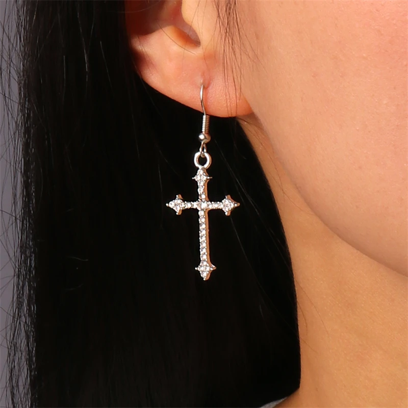Mode Kristall Kreuz Tropfen Ohrringe für Frauen Gothic Kreuz Baumeln Haken Ohrringe Mädchen Party Festival Schmuck Geschenke – Detail 1