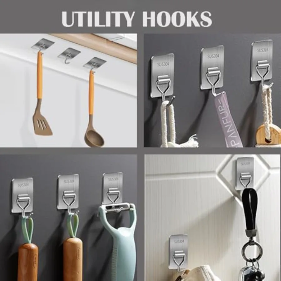 خطاف لاصق للتعليق 8 خطاف منشفة من الفولاذ المقاوم للصدأ خطافات جدارية مقاومة للماء لاصقة للحمام والمطبخ والمكتب 6 عبوات 180 متر