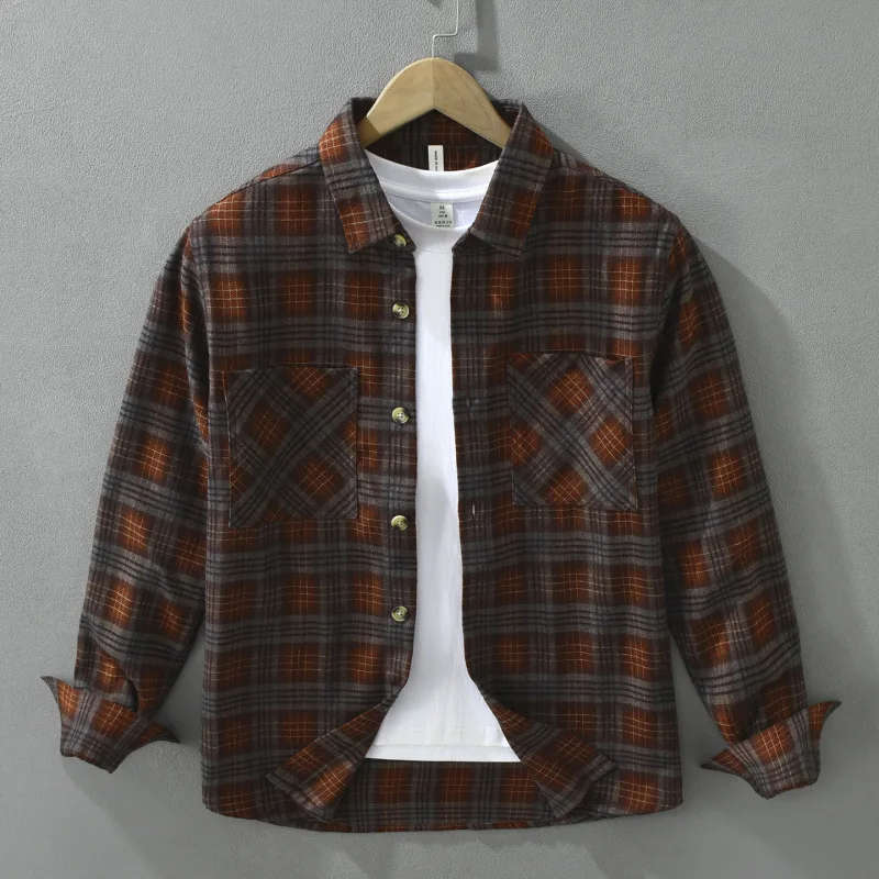 Japanese-style Retro Plaid Long-sleeve Shirt for Men 2026 Autumn Winter Artistic Casual Brushed Loose-fit Top Jackets