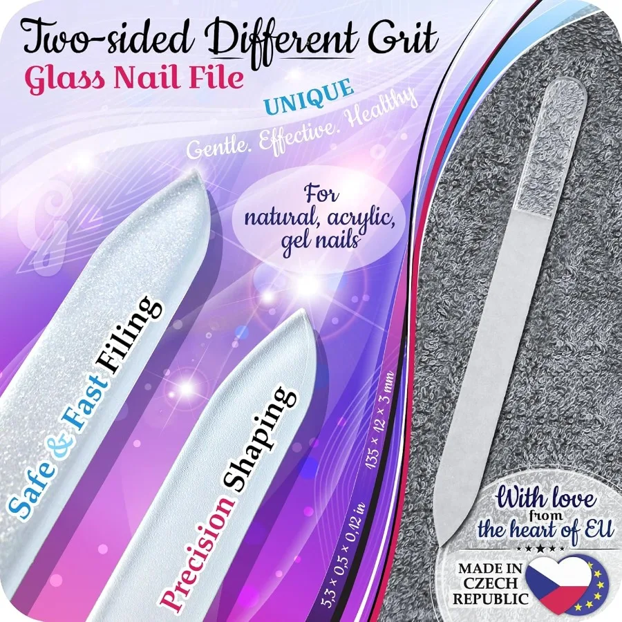 GLADZY Nagelfeilen-Set aus tschechischem Glas, multifunktionaler Nagelspüler, Puffer, Hornhautentferner, Fußraspel mit geätter Oberfläche, Glas-Nagelhaut