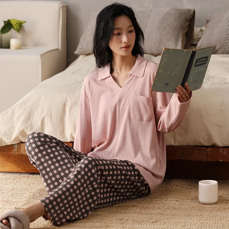 أطقم بيجامات قطنية مشروط جديدة لخريف 2025 بأكمام طويلة ورقبة على شكل حرف v للنساء ملابس نوم كورية بيجامة ملابس منزلية بيجاما موهير ملابس منزلية #5