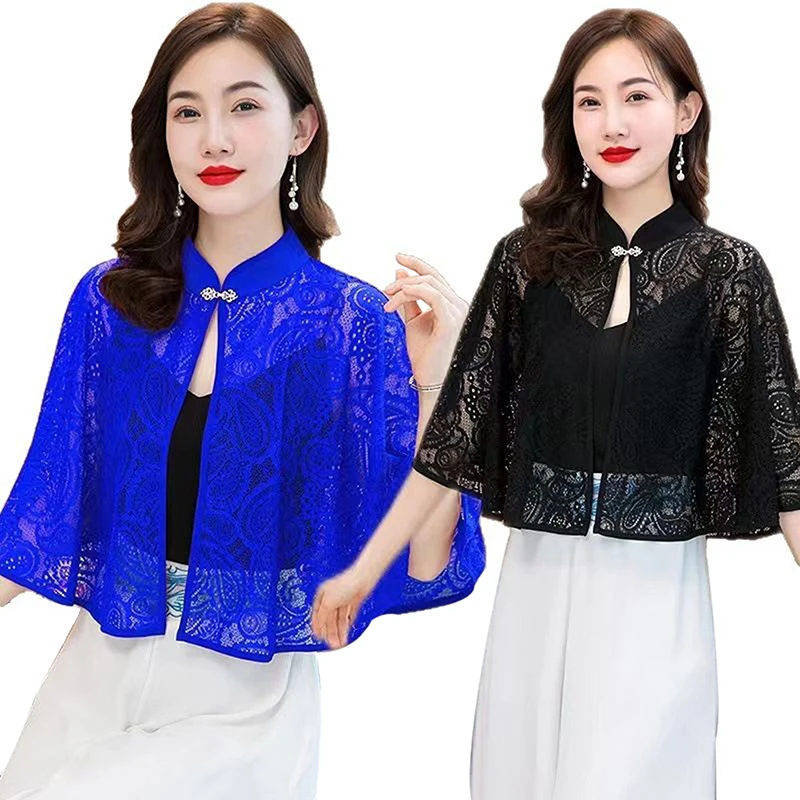 Spring Summer Shawl Coat Thin Scarf Long Sleeve Lace Temperament Cardigan Outwear Shoulder False Collar Out All-match Ponchos view 5