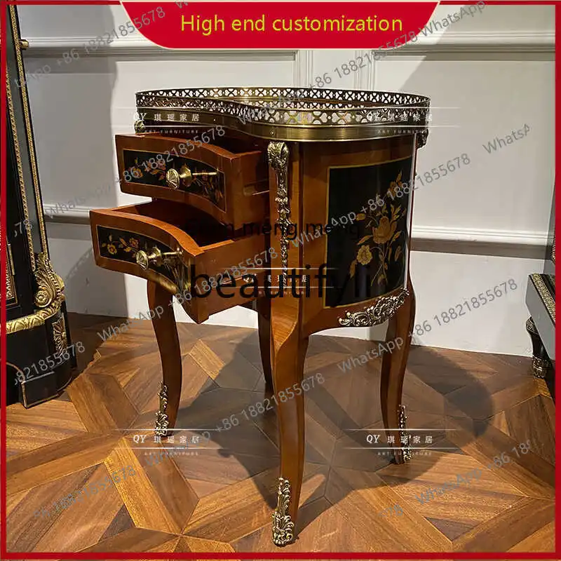 A32 English Classical Wood Grain Inlay Small Side Table Pure Copper Carved Coffee Table Sofa Corner Table