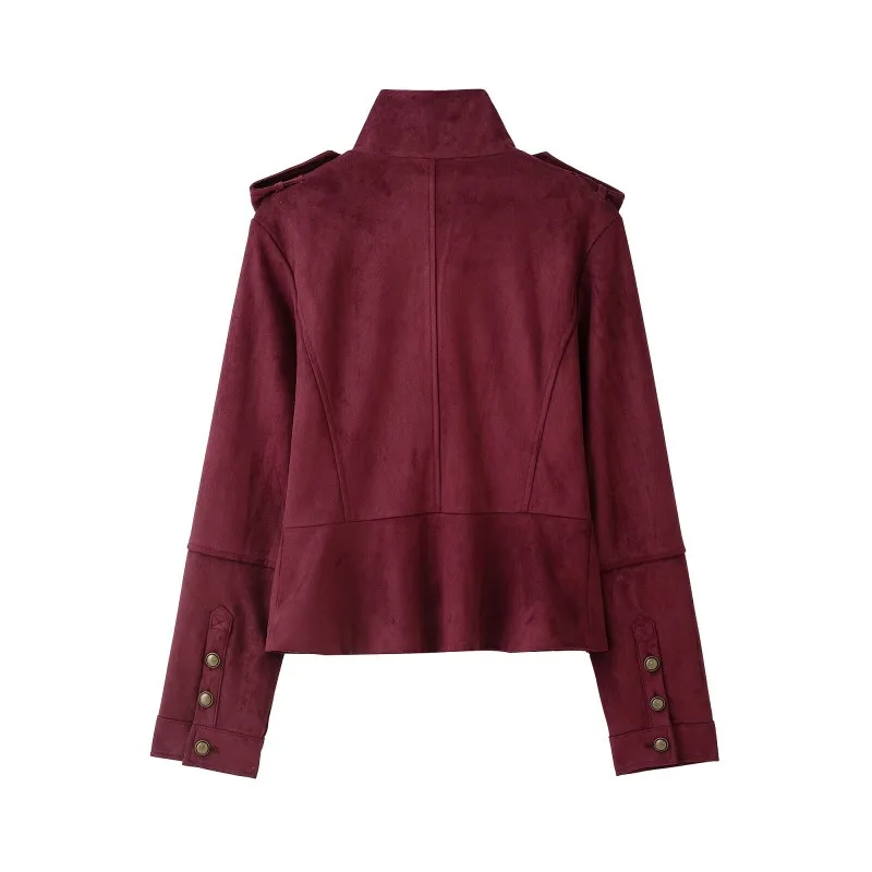 Women Wine Red Faux Suede Short Jacket Autumn Winter Stand Collar Epaulet Double‑Breasted Vintage Military Style Outerwear