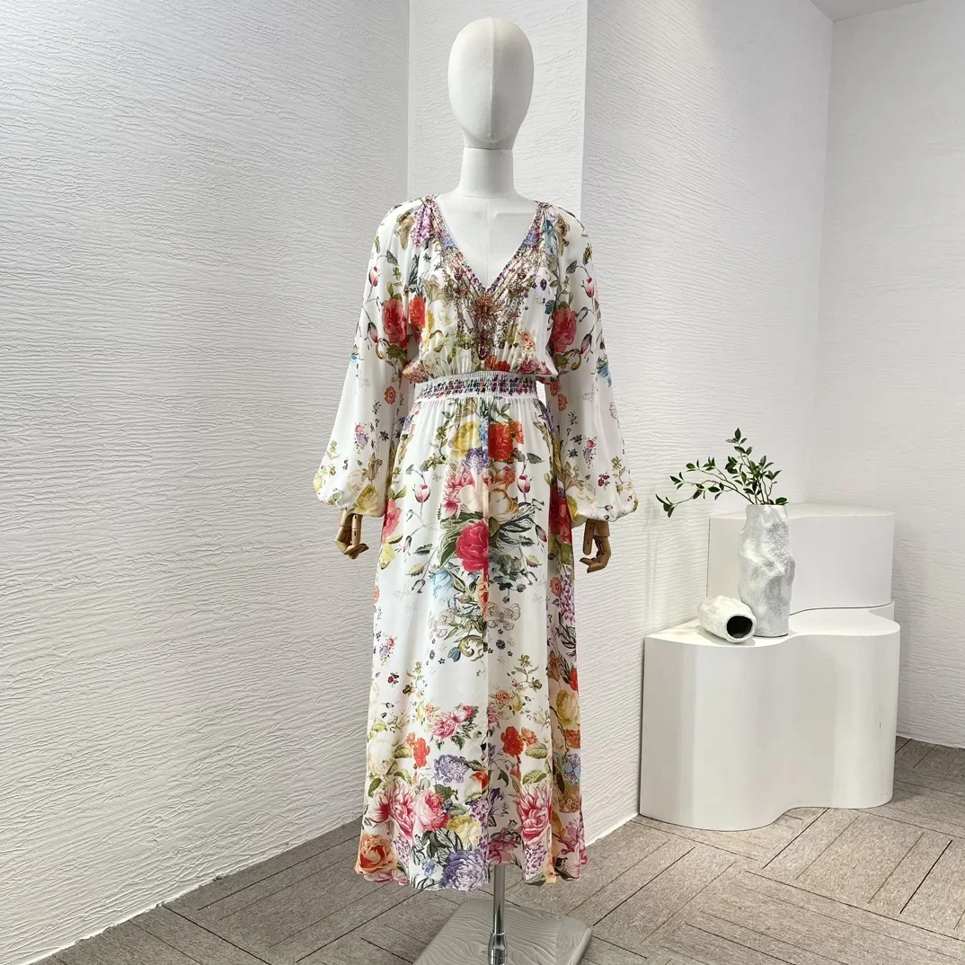 

2024 Elegant Summer Midi Dress New Arrival Silk White Red Flowers Print Long Sleeve Deep V Neck Diamonds for Lady Holiday