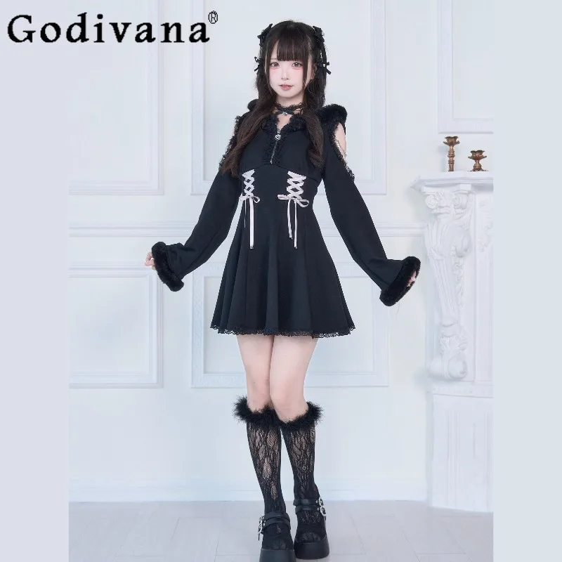 

Plush Sweatshirt Cute Dress for Women Lace Up Original Japanese Subculture Dress Female Japanese Style Lolita Sweet Dress