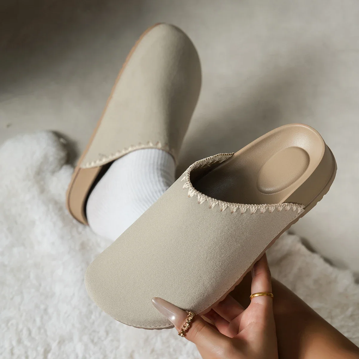 Women Suede Closed Toe Mule Slippers Lace Trim Backless Slip On Flat Casual Indoor Outdoor Daily Shoes