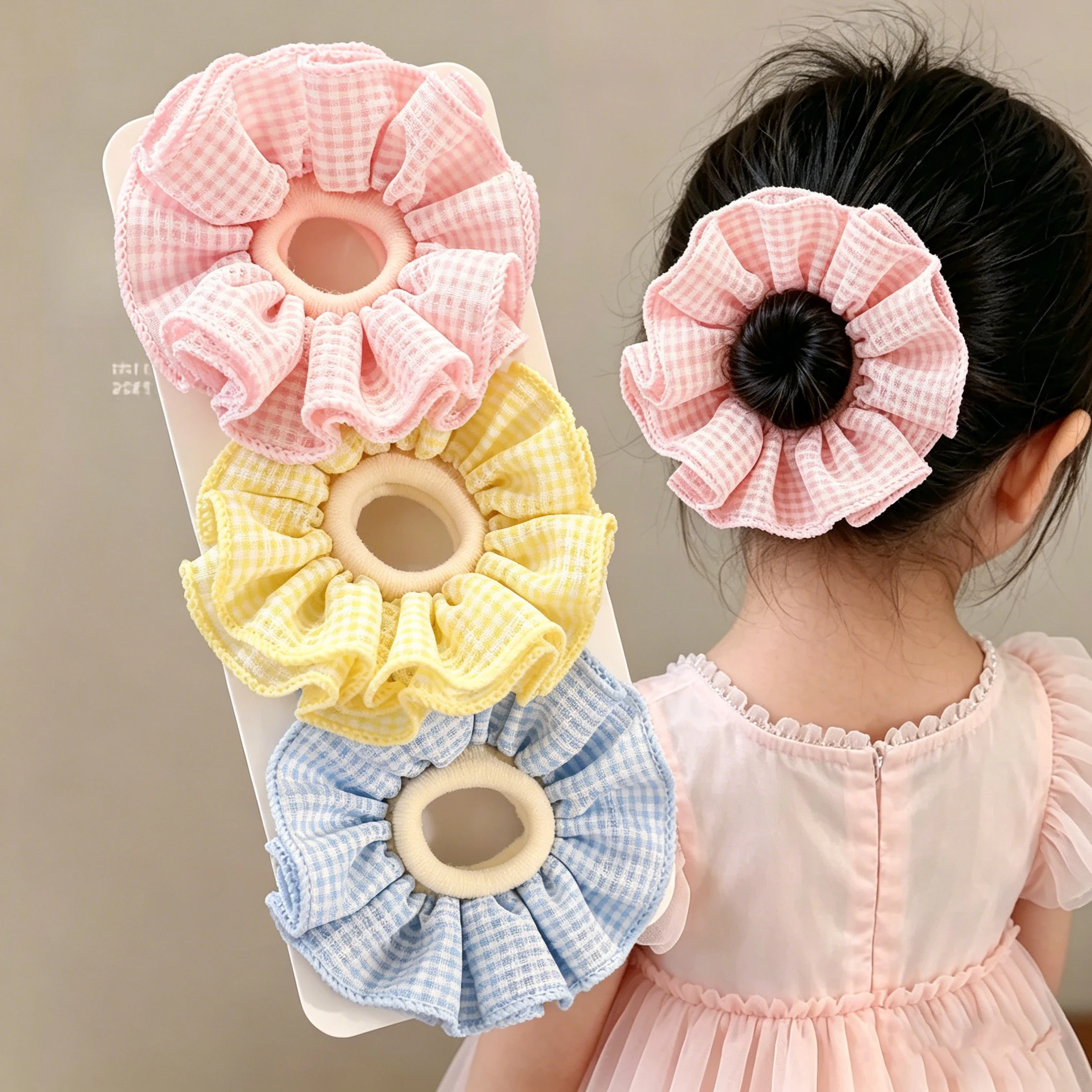 Gingham Plaid Ruffle Hair Scrunchies for Toddler Girls, High Elasticity No Hurt Hair Bands, Baby Kids Ponytail Hair Accessories