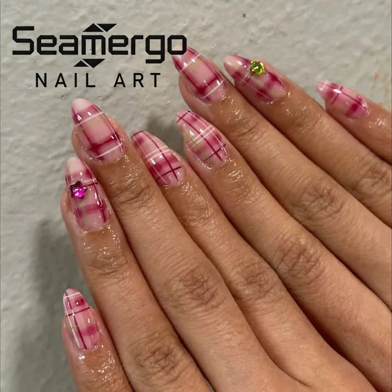 

24PCS Retro Pink Plaid Almond Press on Nails Sweet Cool White Lines with Colorful Star Rhinestone Fake Nails Reusable Ins Nails