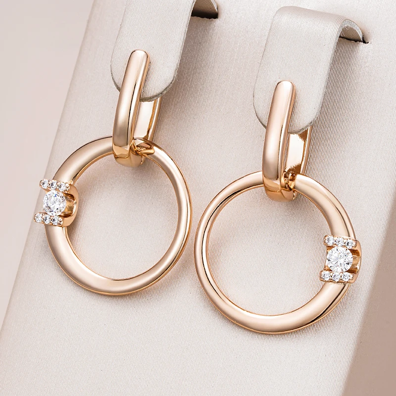 Kinel Fashion 585 Rose Gold Color Glossy Hollow Round Drop Earring for Women Unusual Shiny Natural Zircon Daily Fine Jewelry