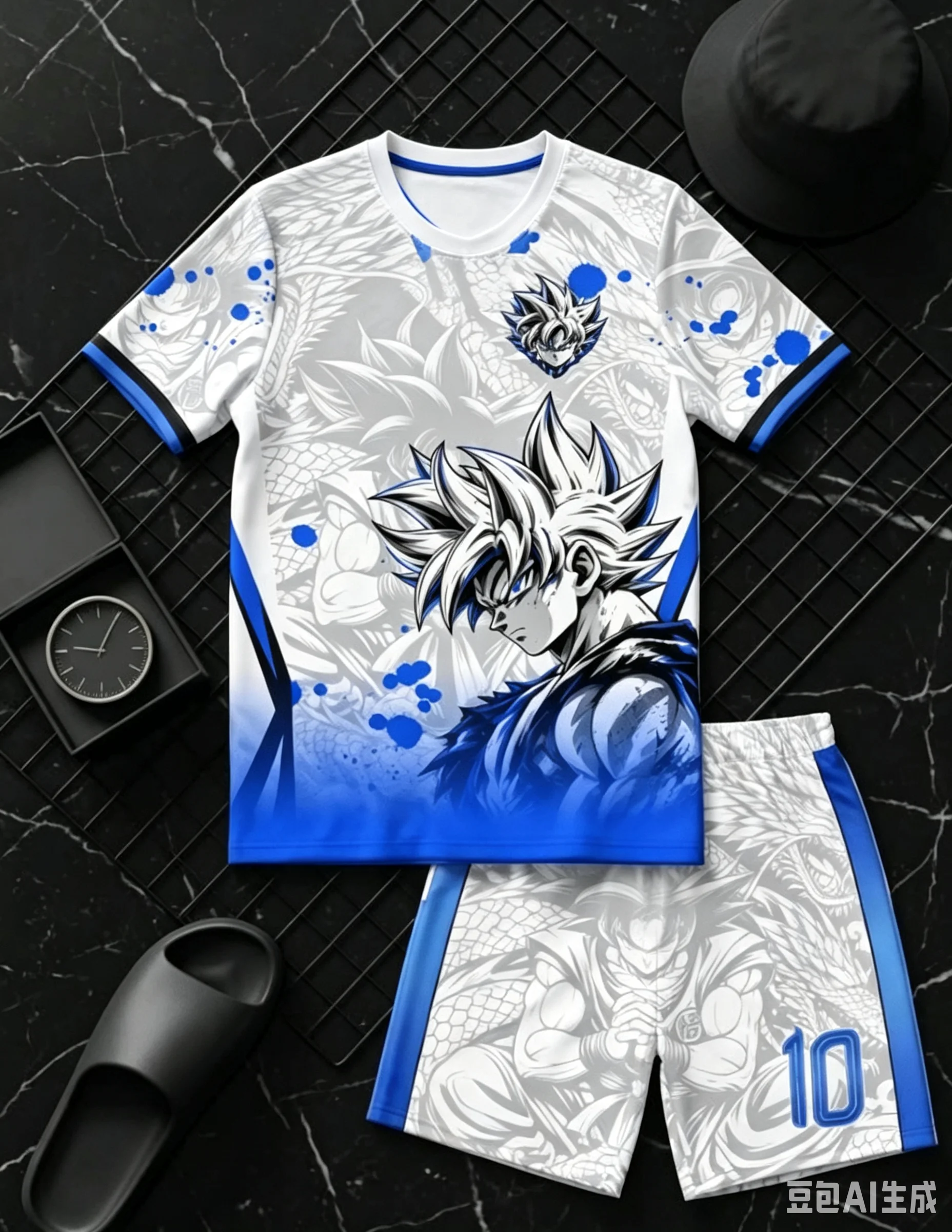 Conjunto de manga corta y pantalones cortos con estampado completo de Goku en estilo manga, de color azul y blanco, un conjunto de anime moderno y atractivo, y un conjunto de camisetas con motivos de Sun Wukong.