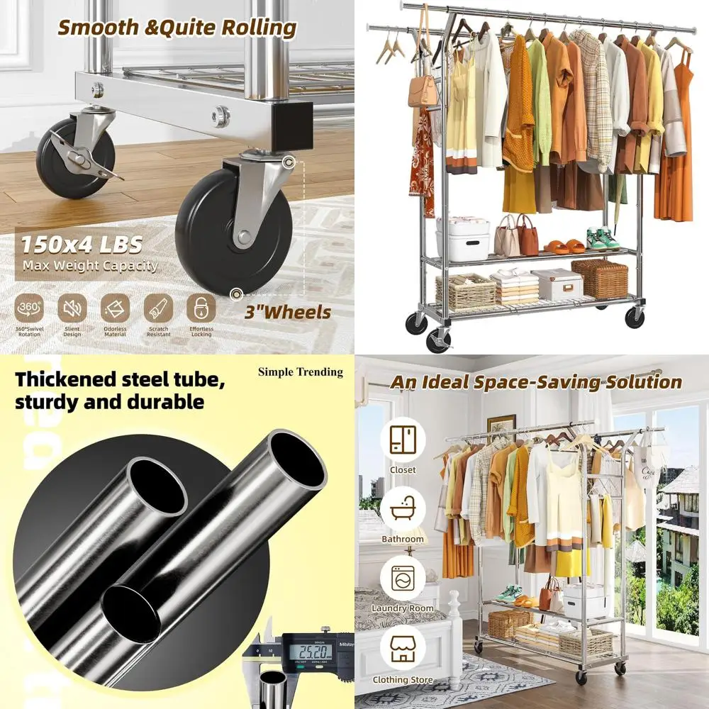 

Industrial-Strength Double Rod Garment Rack with Wheels, Chrome, Supports Up to 620 LBS