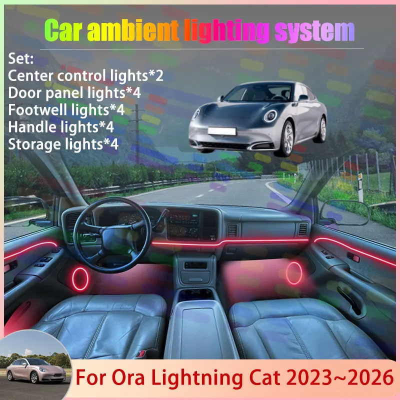 

Для Ora Lightning Cat GWM Ora 07 2023 ~ 2026 2/18 в 1, автомобильная атмосферная лампа, RGB абажур, ансамбль, стример, атмосферный набор, авто