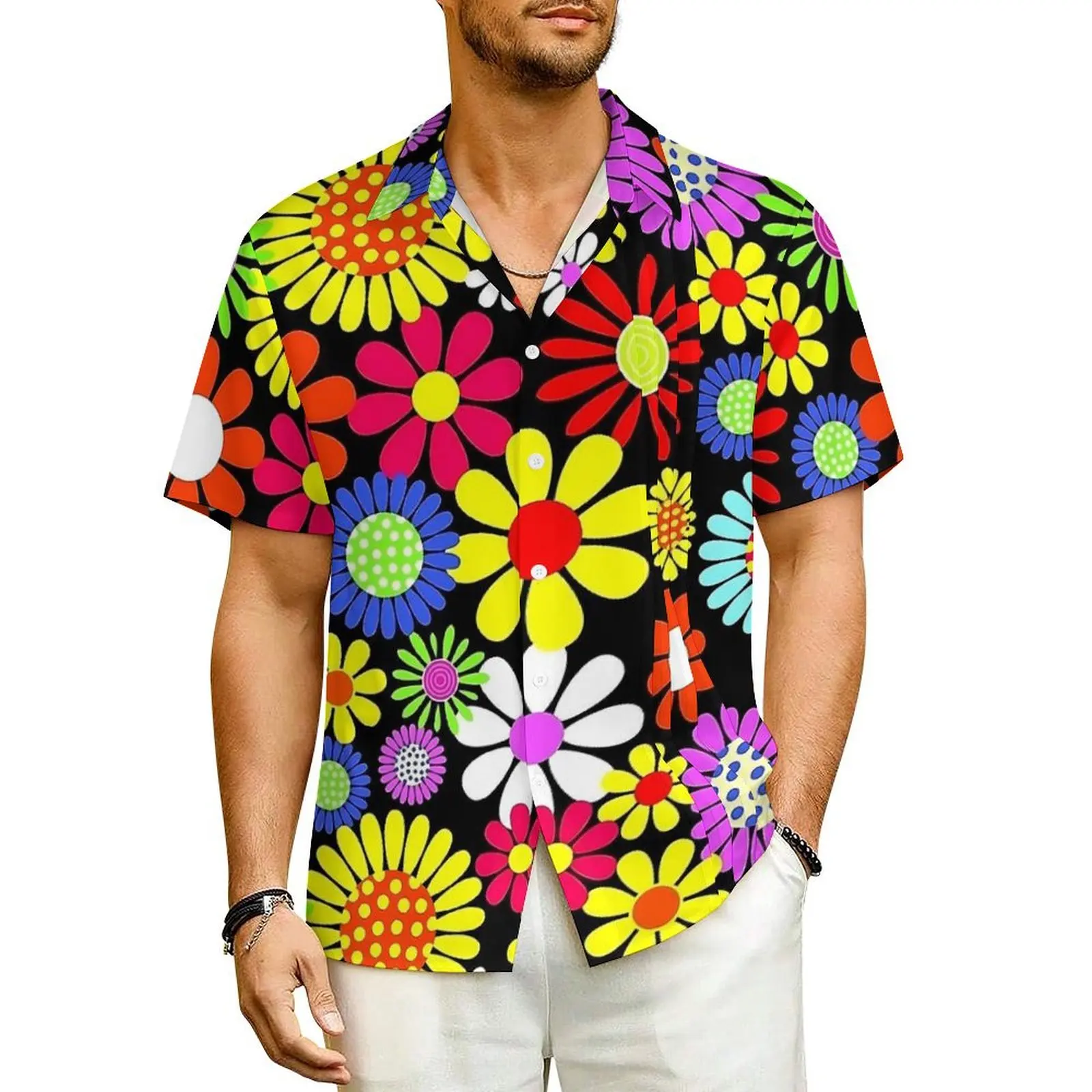 Retro Colorful Flower Power Print Vacation Shirt Male  Novelty Casual Shirts Hawaiian Short Sleeve Comfortable Plus Size Blouses