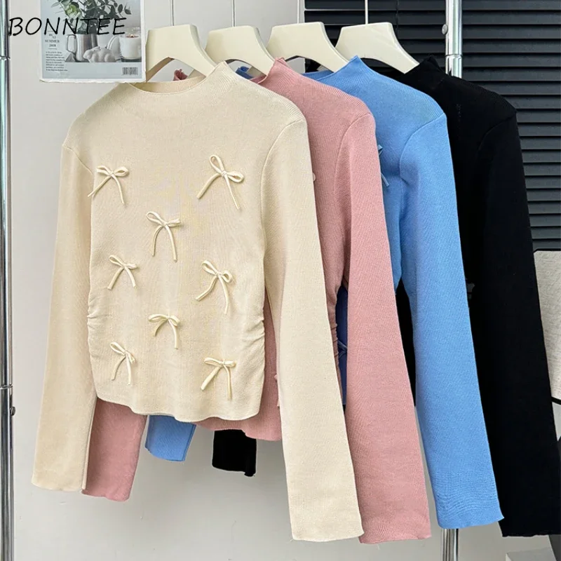 Long Sleeve Knitted Pullovers Women Bow Design All-match Sweet Daily Skin-friendly Faddish Elegant Gentle Ulzzang Basic Clothing