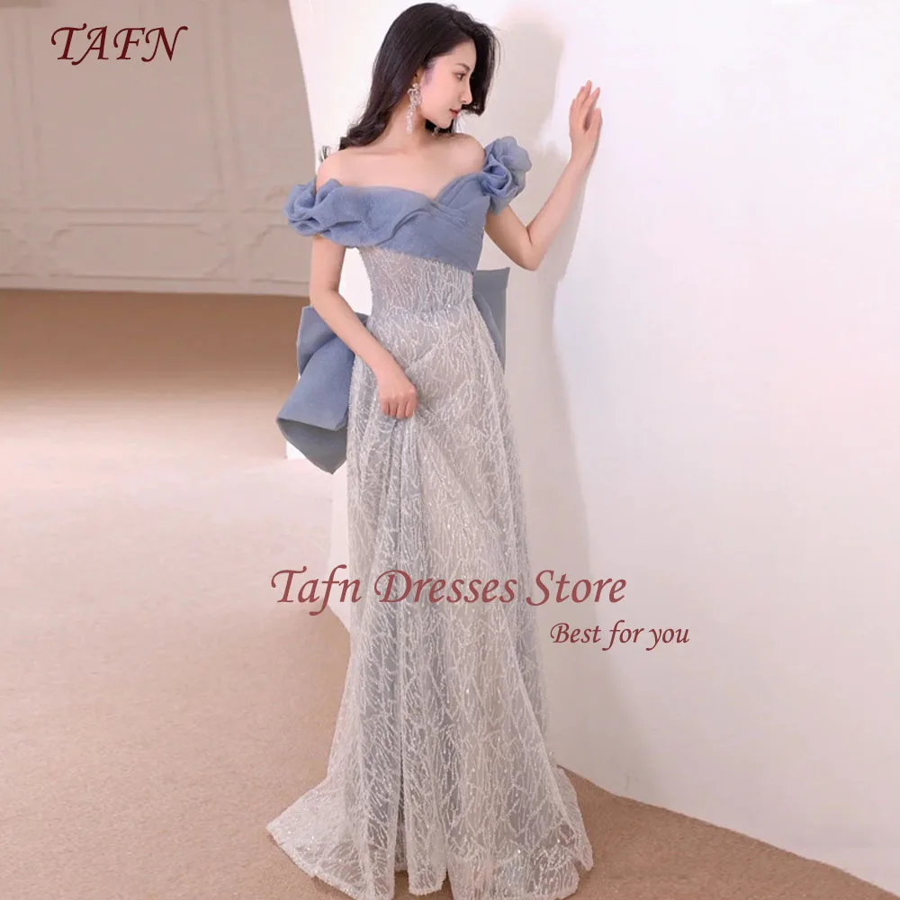 TAFN Korea Reception Dresses Contrast Color Off the Shoulder Pleat Bridal Gown Big Bow Lace-up Elegant Wedding Dresses