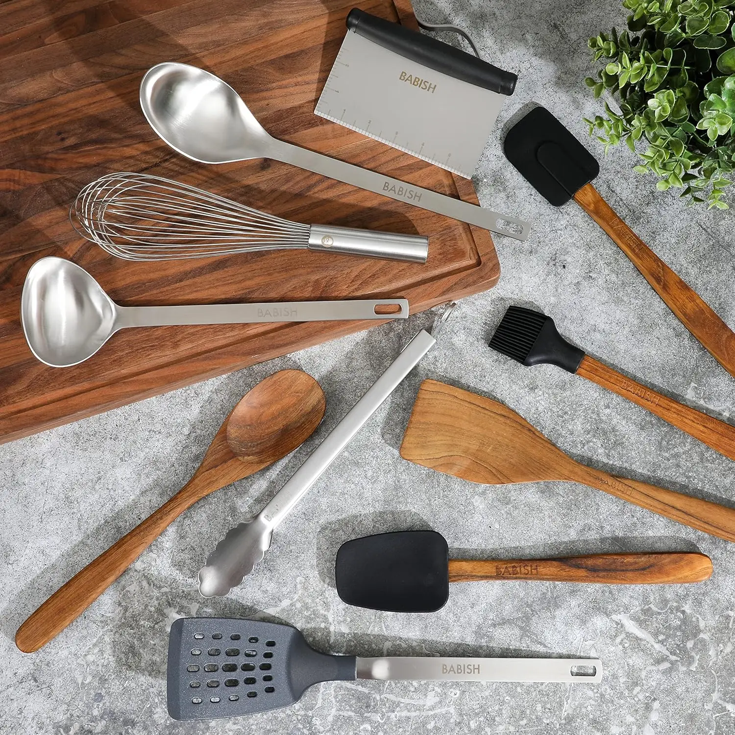 11 Piece Essential Teak Wood, Silicone, and Stainless Steel Tool Set