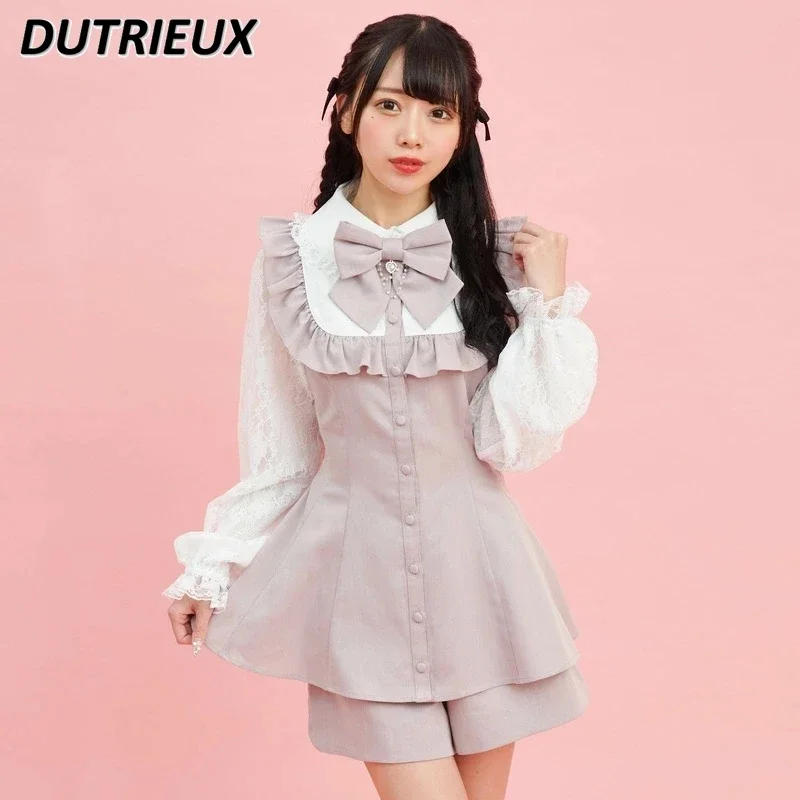 Autumn Winter Two-Piece Suit Japanese Style Sweet Set Lace Sleeve Stitching Bow Lace-up Slimming Wooden Ear SC Tops and Shorts