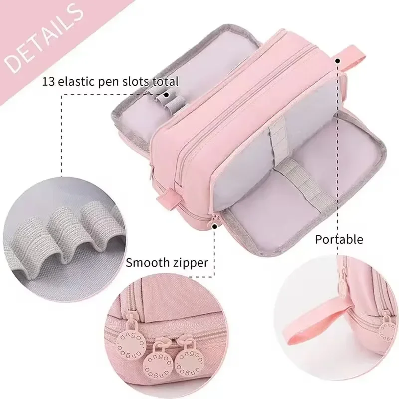 Large Capacity Pencil Case Simple Solid Color Stationery Box Double Layer Multifunctional Pen Pouch Students School Supplies