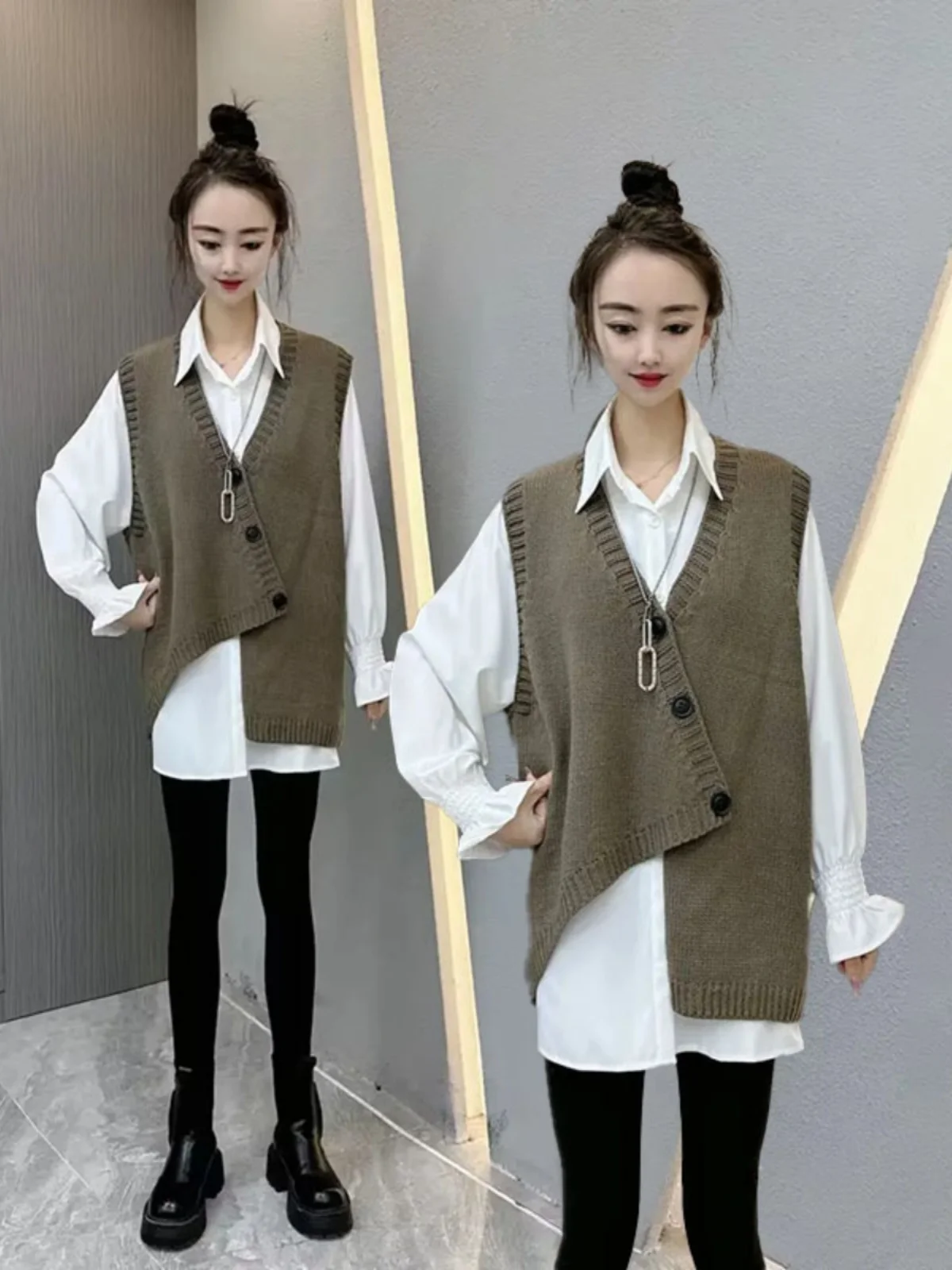 Women's Loose Knitted Vest Irregular Slant Bule Design Spring Autumn New Sle V-Ne Pure Color Versatile Layering Top