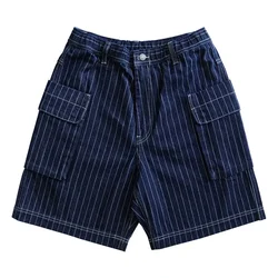 Sauce Zhan  Mans Short Summer Cargo Shorts Men Stripe Denim Short Multiple Packets Vintage Knee Length Loose shorts Fit