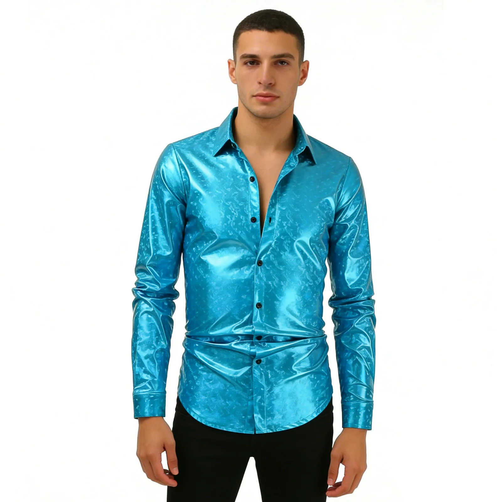 

Mens 70s 80s Disco Shirt Metallic Shiny Long Sleeve Button Vintage Shirts Tops Blouse for Cocktail Nightclub Rock Party Dance