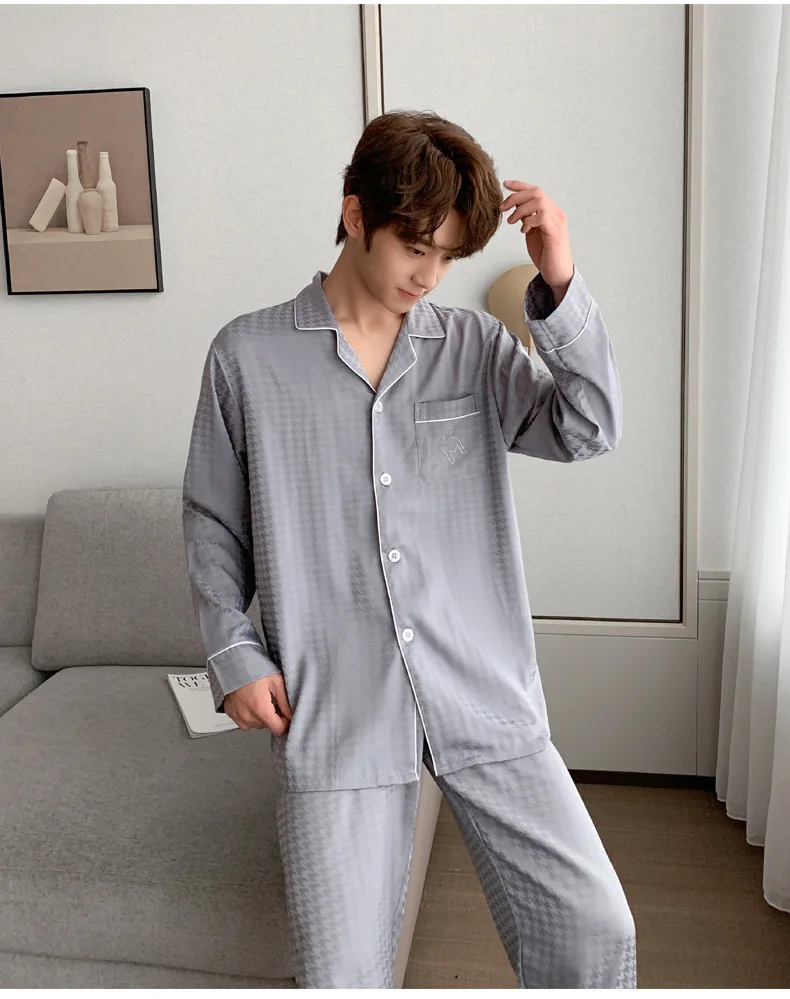 Houndstooth Men Shirt Pants Pajamas Suit Sleep Wear Nightwear Ice Silk Home Clothes Loose Loungewear Lapel Homewear Sleepwear