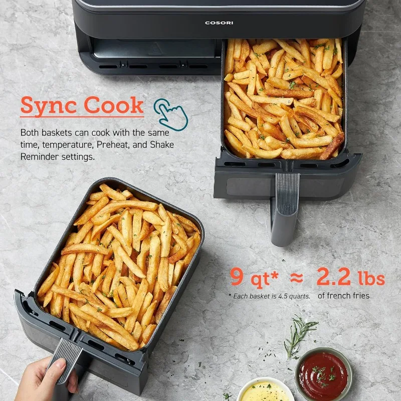 COSORI Dual Basket Air Fryer 9 Qt, Large and Wide Double Airfryer, 8-in-1, Sync Cook & Finish Family Meals,Roast,Broil,Dehydrate