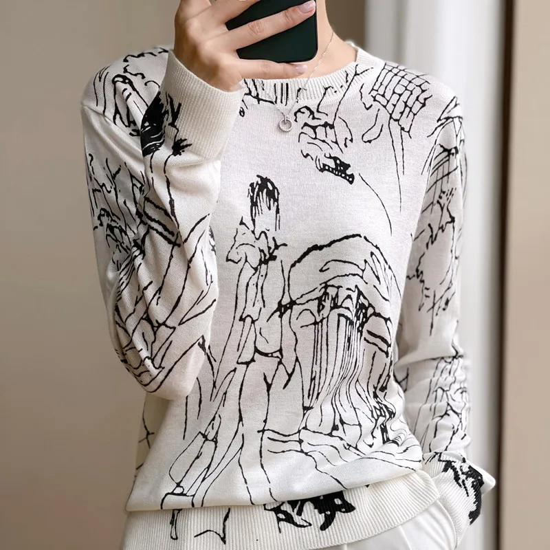 2024 New Cashmere Long Sleeve Spring and Autumn Women's Fashion O-neck Pullover Wool Knitting Graffiti Short Bottoming Shirt