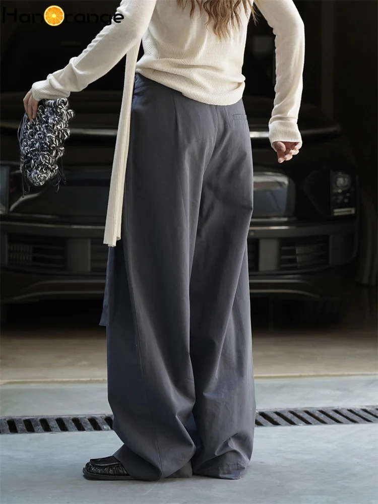 HanOrange 2025 Jesienna Moda Retro Spodnie z Paskiem na Boku w Talii Damskie Luźne Spodnie Ciemnoszare/Zielone Wojskowe