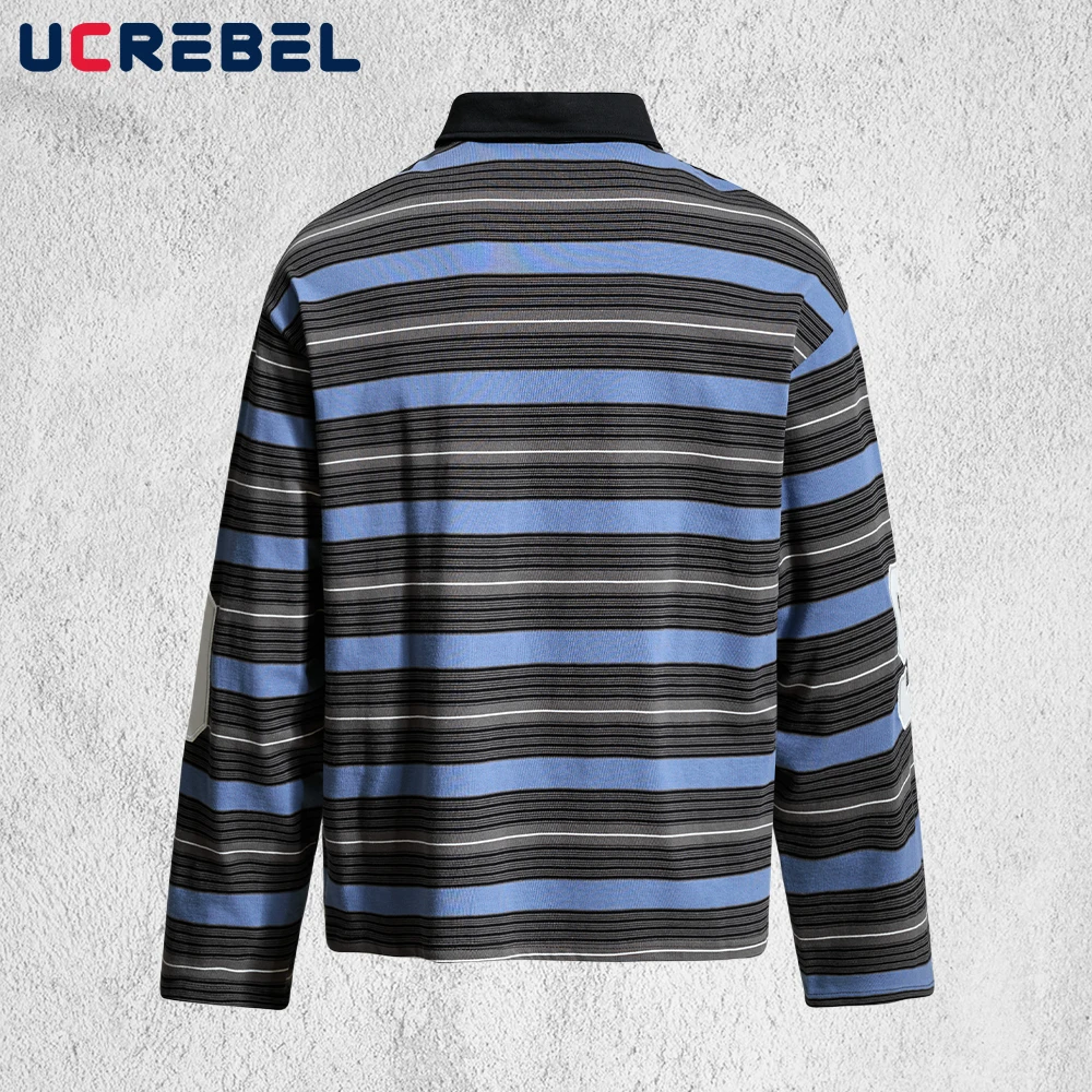 Horizontal Striped Polo Shirts Mens Autumn Retro Letter Embroidery Long Sleeve Loose Cotton Tee Man