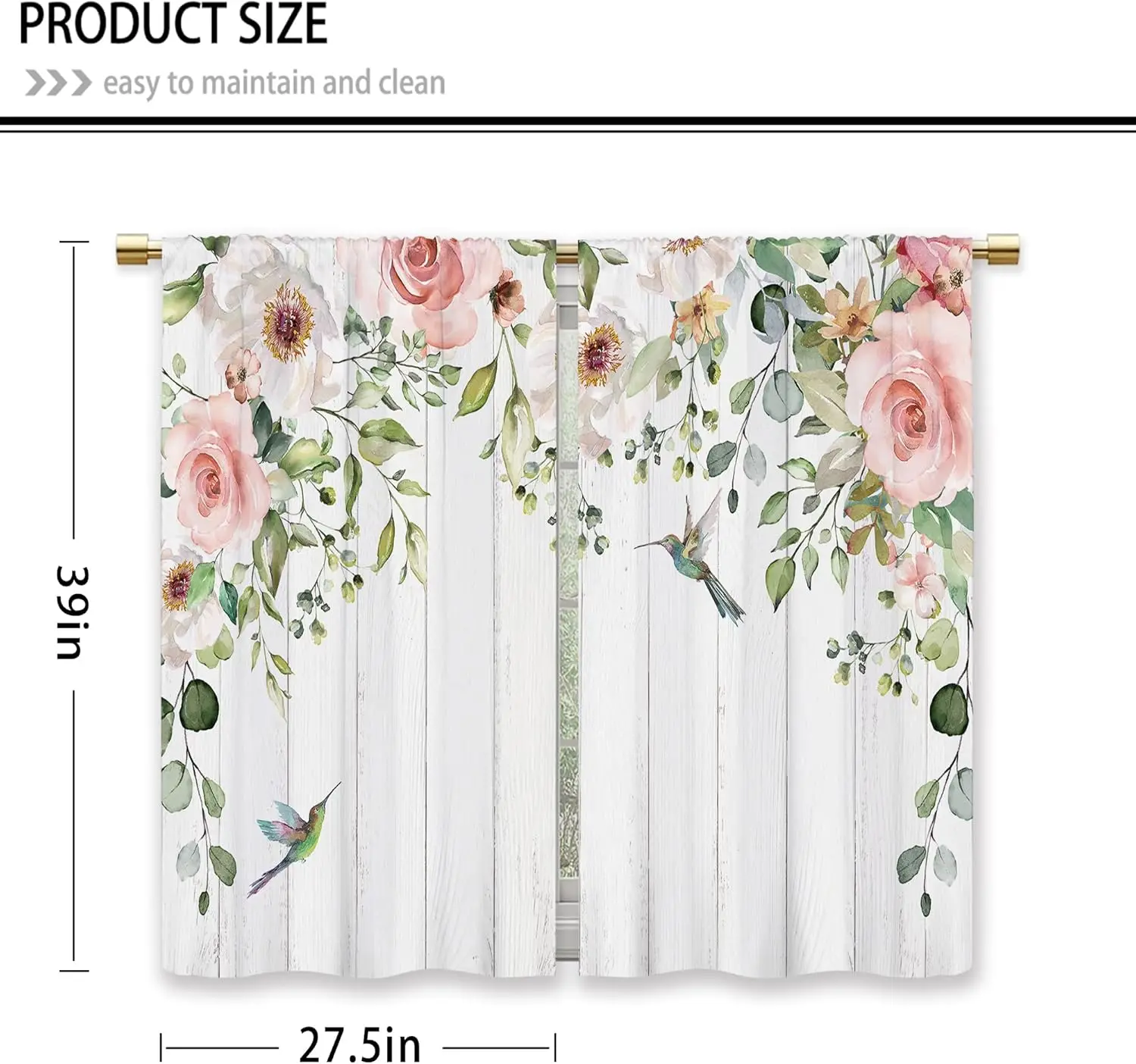 Pink Floral Hummingbird Print Curtains Watercolor Flower Bird Design for Kitchen Living Room Decor