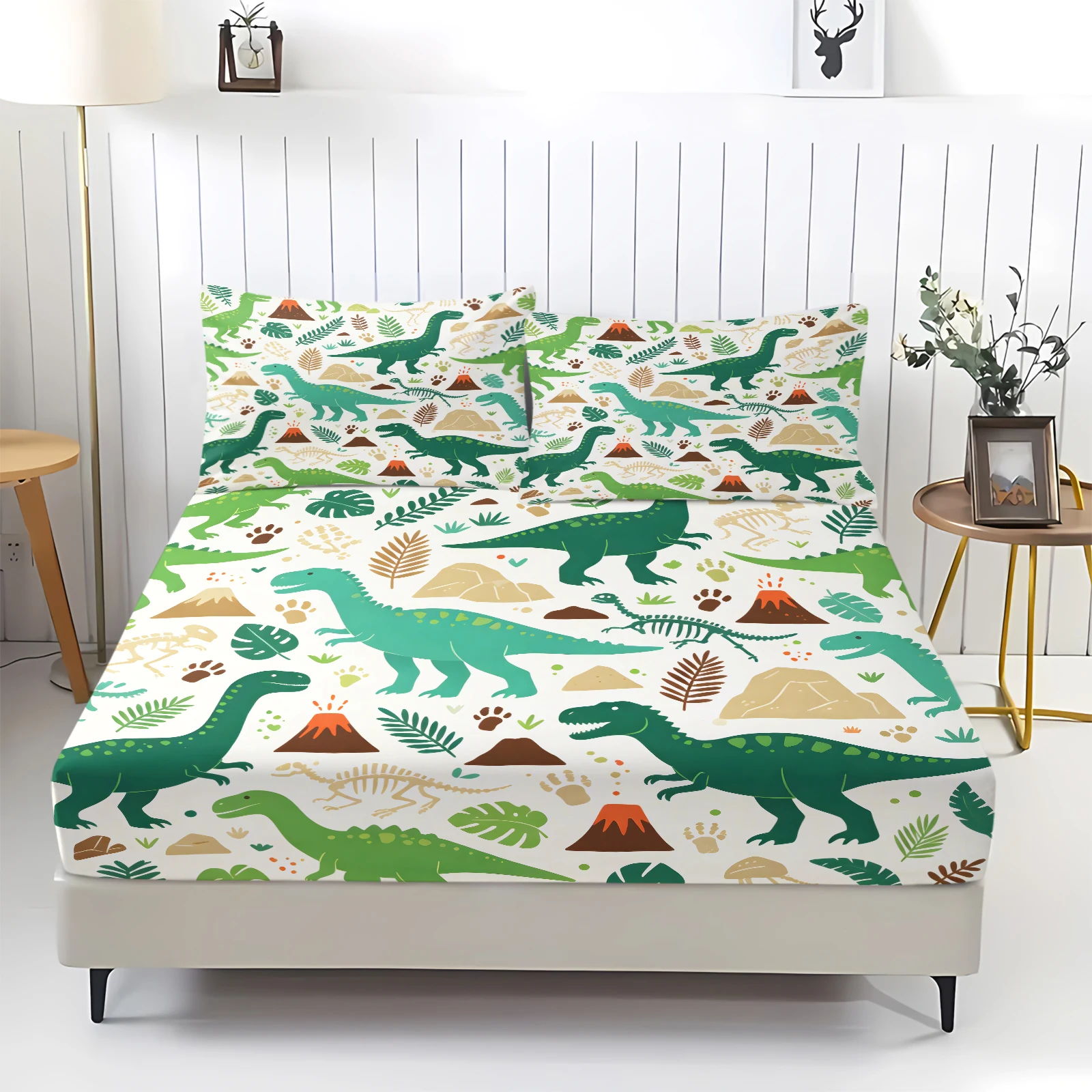 Cute Cartoon Dinosaur Fitted Sheet Set Green Jurassic Dino Volcano Fossil Footprint Print Elastic Deep Pocket Bed Fitted Sheet