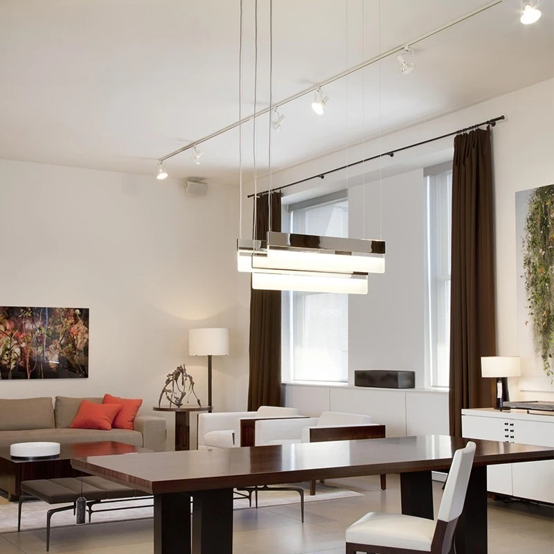 Sleek Modern Double Tier Linear LED Pendant Light Chrome Frame Hanging Lamp Dimmable Ceiling Fixture for Kitchen Island