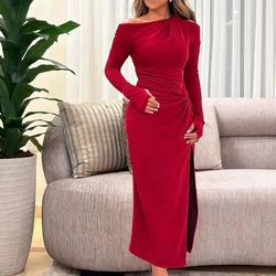 Elegant Party Dresses Woman Straight Boat Neck Satin Long Sleeves Tea Length Solid Red Pleats Dresses For Formal Occasions 2024