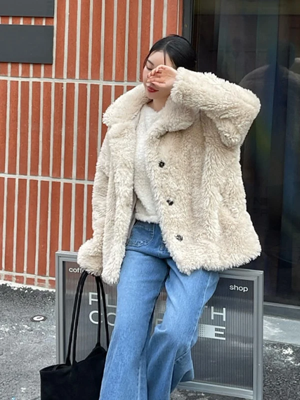 

Корейское модное теплое пальто из искусственного меха, женское роскошное пальто с одной пуговицей Ele Aosphere, зимнее пальто из полиэфирного волокна...