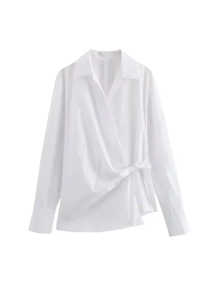 

TRZA-Women's Ties Crossover Poplin Shirts, Long Sleeve, Lapel Collar, Female Blouses, Chic Tops, Fashion