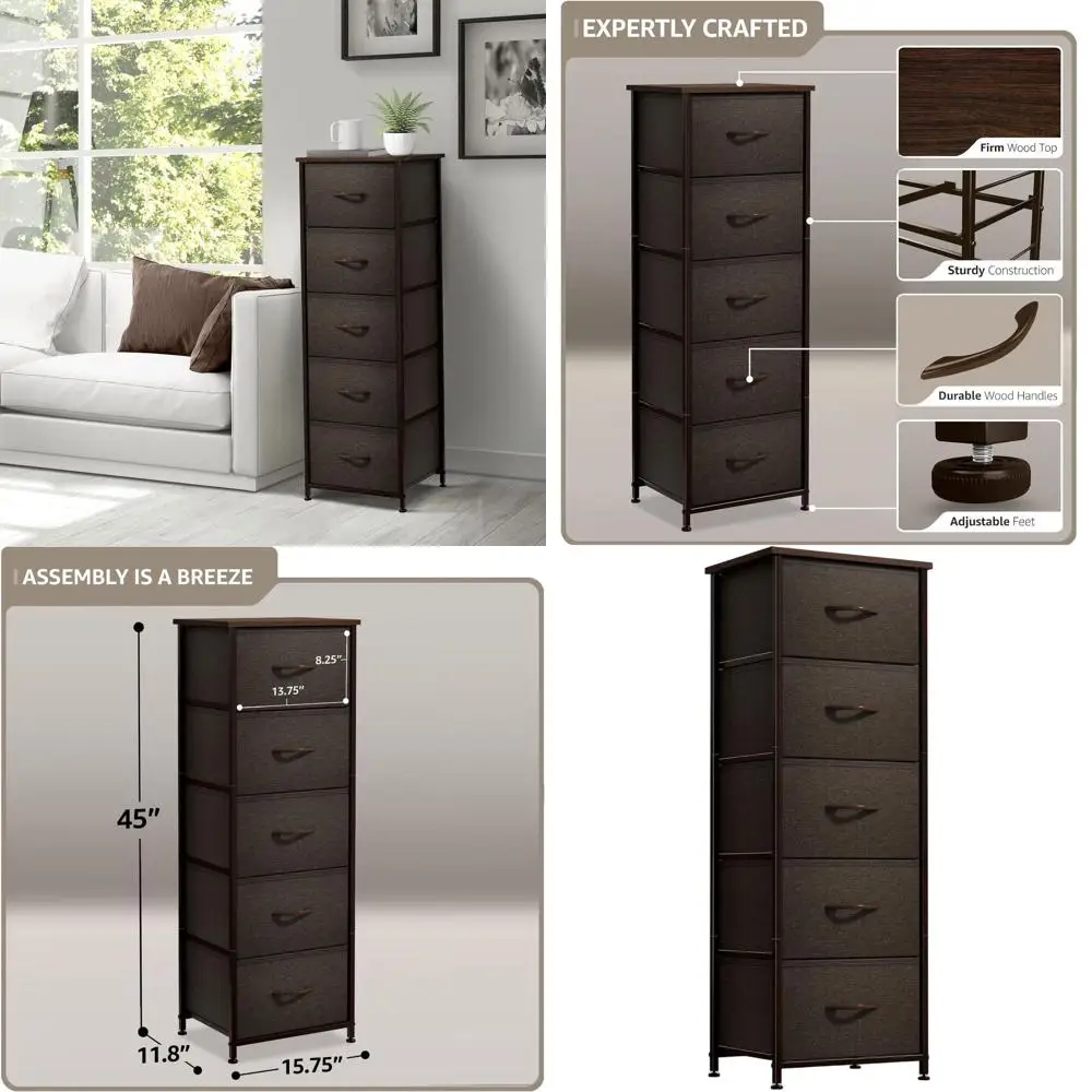 

5-Drawer Nightstand: Steel Frame Wood Top Bedside Table with Fabric Bins for Home, Bedroom, Office