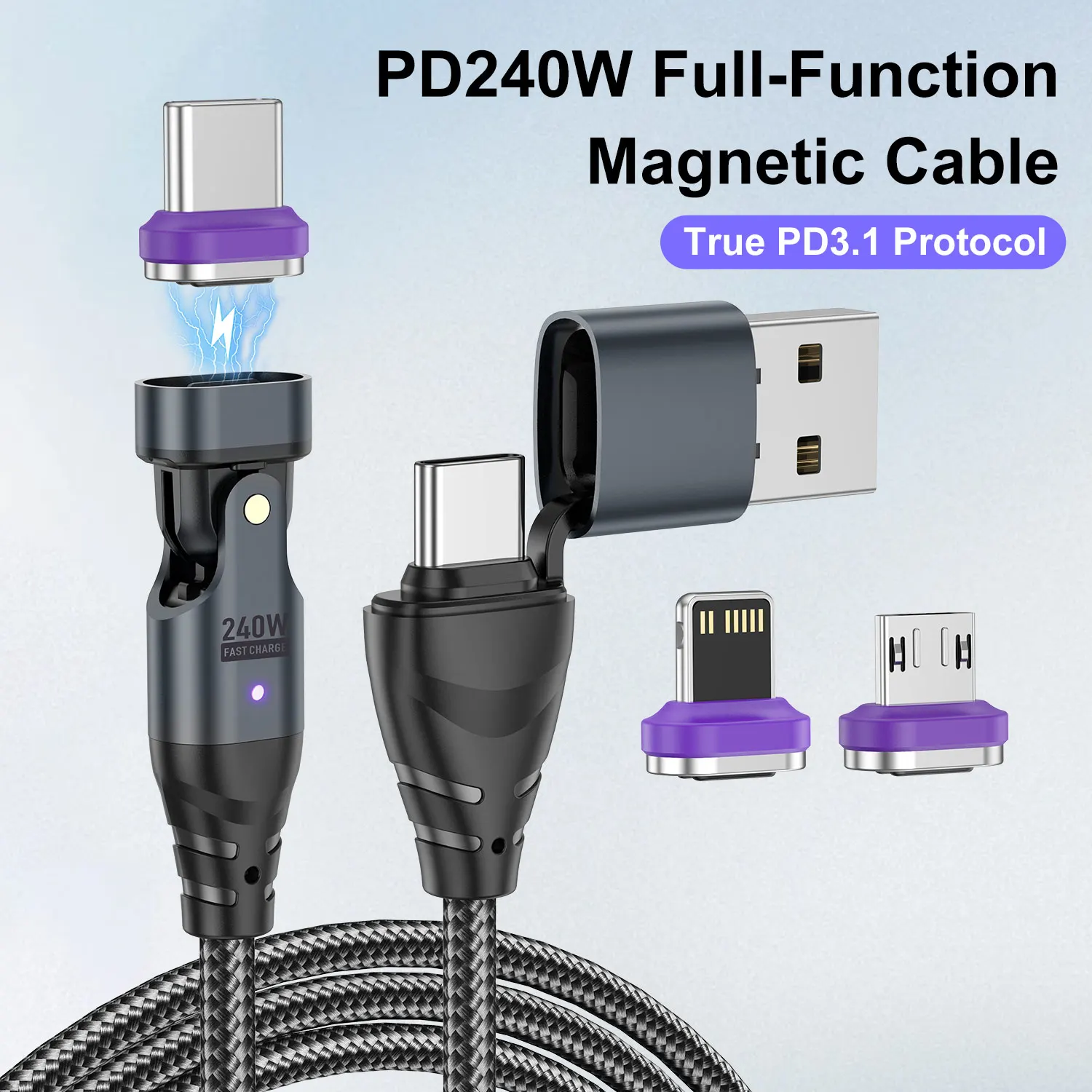 Kabel pengisi daya ponsel PD 240W, kabel pengisi daya USB C magnetik, kabel pengisian cepat, kabel pengisi daya ponsel PD3.1 untuk ponsel tipe C mikro Xiaomi Huawei Samsung