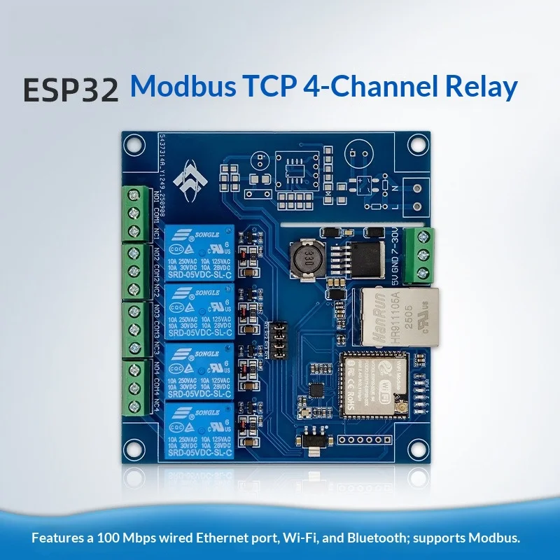 ESP32 4-Channel Modbus TCP Relay Module, 100Mbps Ethernet WiFi Bluetooth, 5V/7-24V DC, NO NC COM Outputs