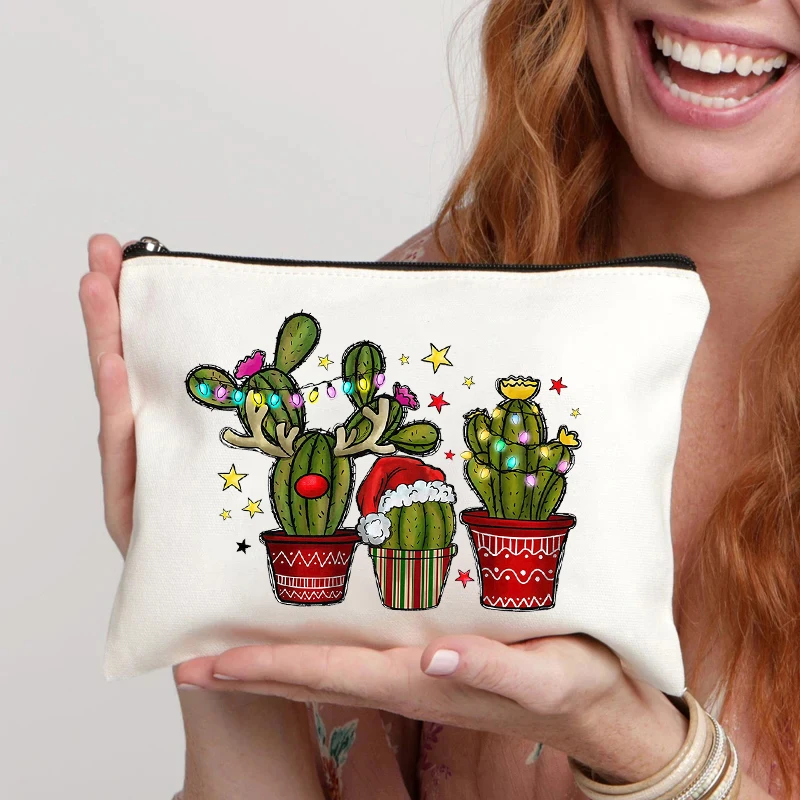Christmas Hat Cactus Print Cosmetic Bag Organizer Zipper Canvas Storage Pouch Travel Lipstick Make Up Bags Pencil Case Xmas Gift