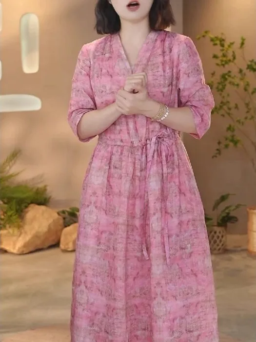 Efecto adelgazante algodón Lino V-Ne Tie cintura suelta talla grande irt Dr coreano Sle cintura ajustable A-Line falda