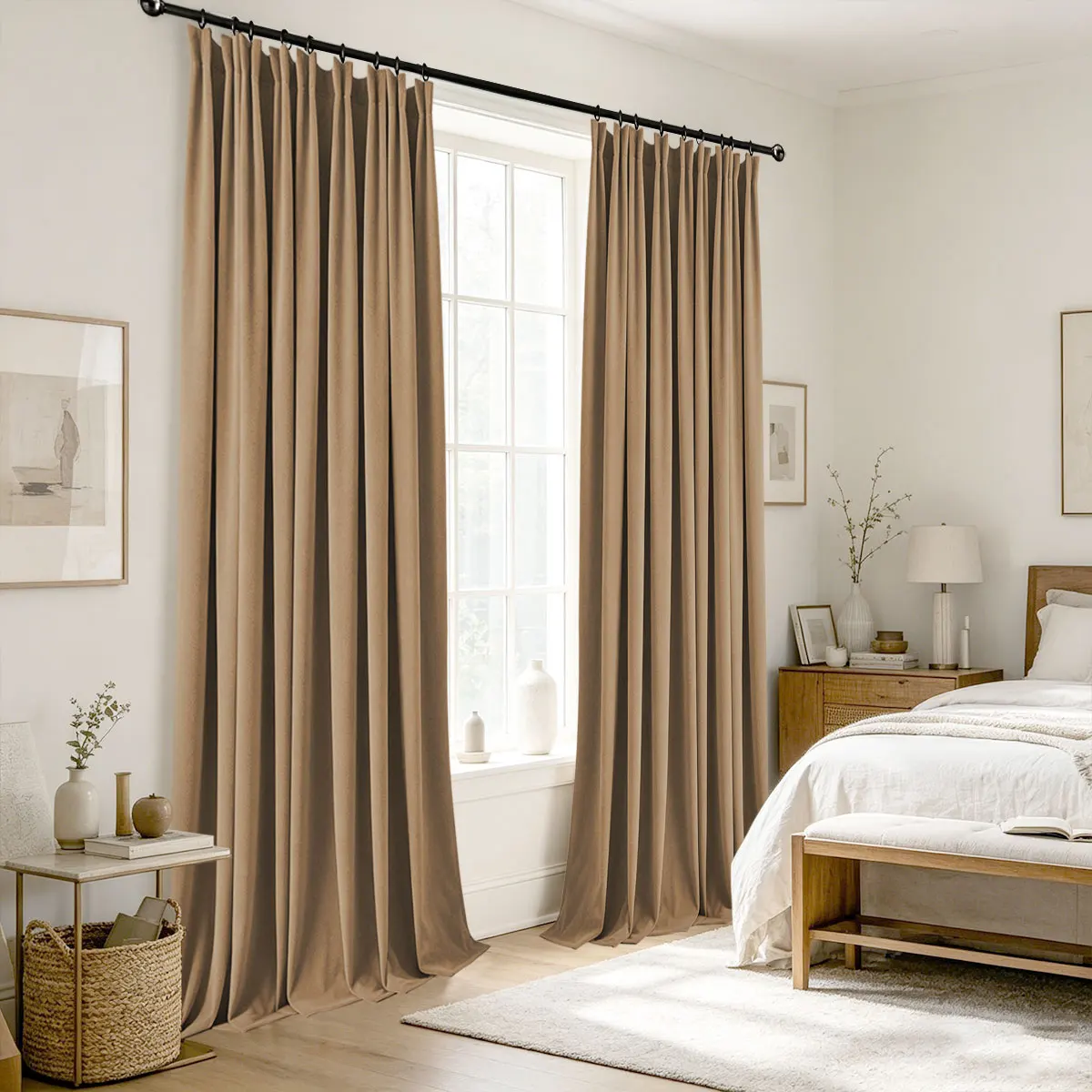 Khaki Camel Velvet Blackout Curtains 2‑Pack, Pinch Pleat Hook Top Drapes for Bedroom Living Room Home Decor