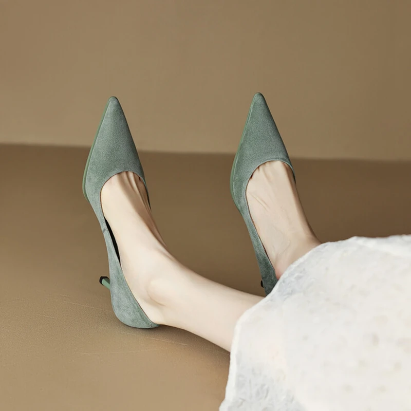 NEW Spring Women Shoes Pointed Toe Thin Heel Pumps for Women Sheep Suede High Heels Green Women Stiletto Heels zapatos de mujer