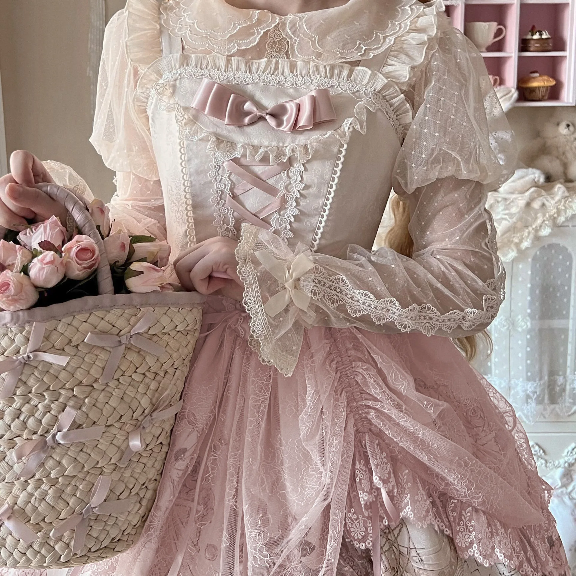 Lolita Lace Sling Dress, Vestido retro elegante, Rosa lindo